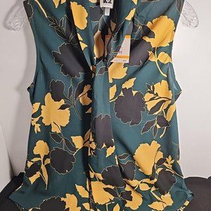 Anne Klein Green Floral Sleeveless Blouse with Yellow and Black Flowers